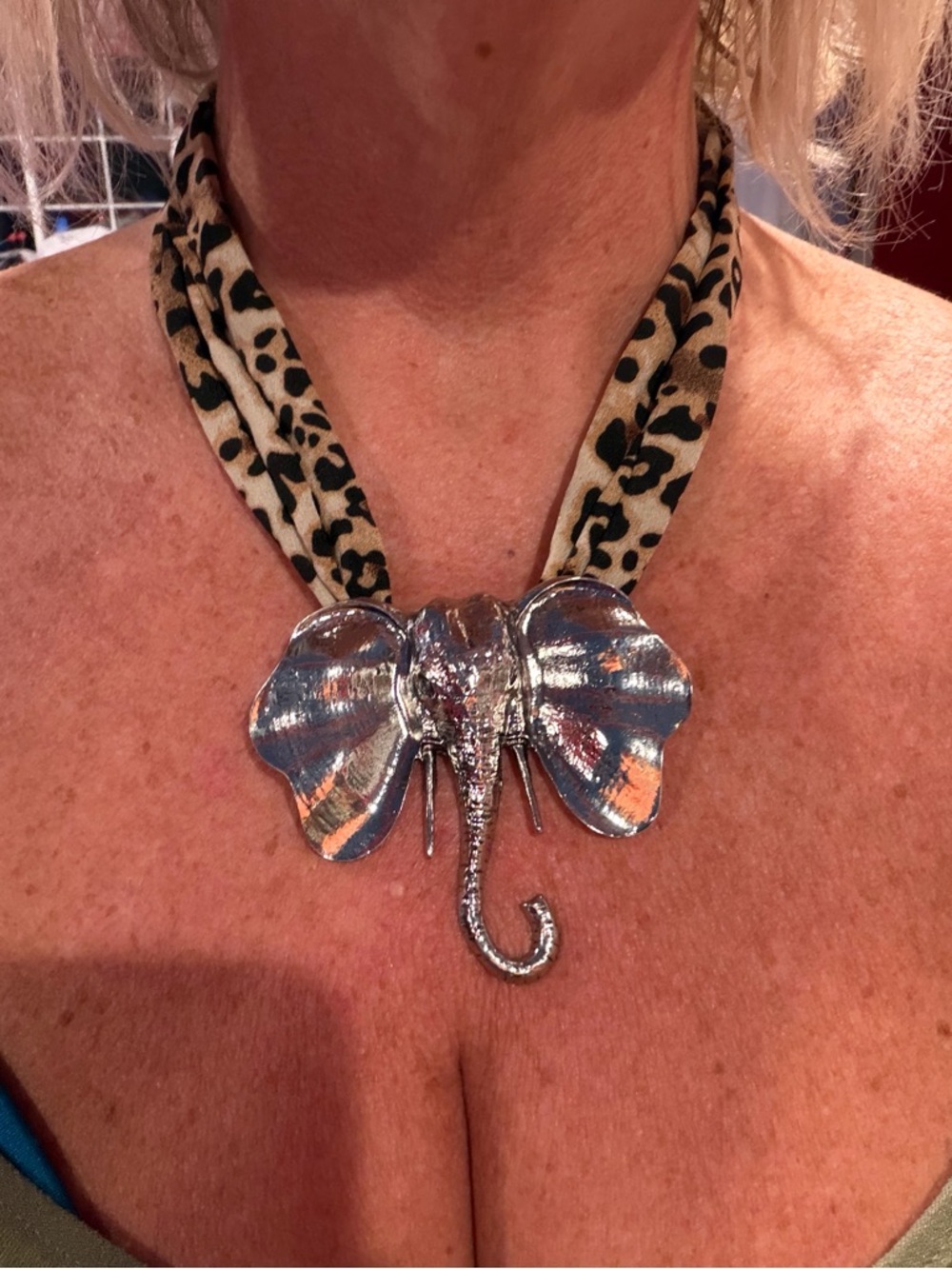 Statement Silver Elephant Pendant Necklace with Leopard Scarf - Women Jewelry